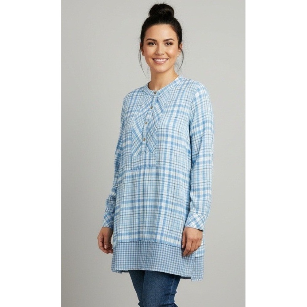 Vermont Country Store Plaid Long Sleeve Top Womens Small Blue Cotton Travel NWOT